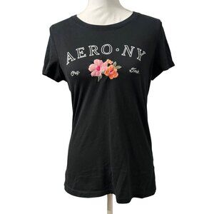 Aeropostale Womens Black Classic Crew T-Shirt With Floral Embroidery Size XL